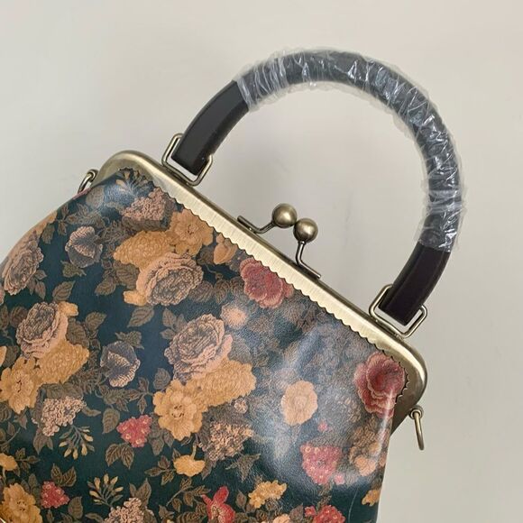 Handmade Genuine Leather Floral Print, Top Wood Handle Bag & Small Clutch Set - Picture 11 of 16